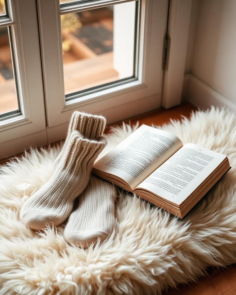 Wool socks and an open book on a sheepskin rug