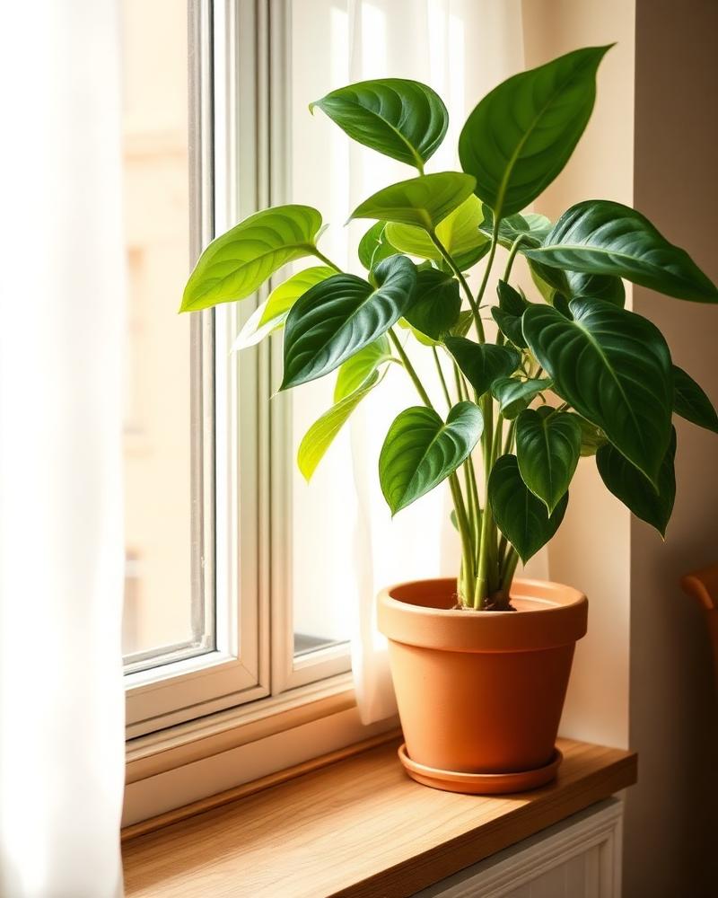 Lush monstera plant in a terracotta pot on a sunlit windowsill