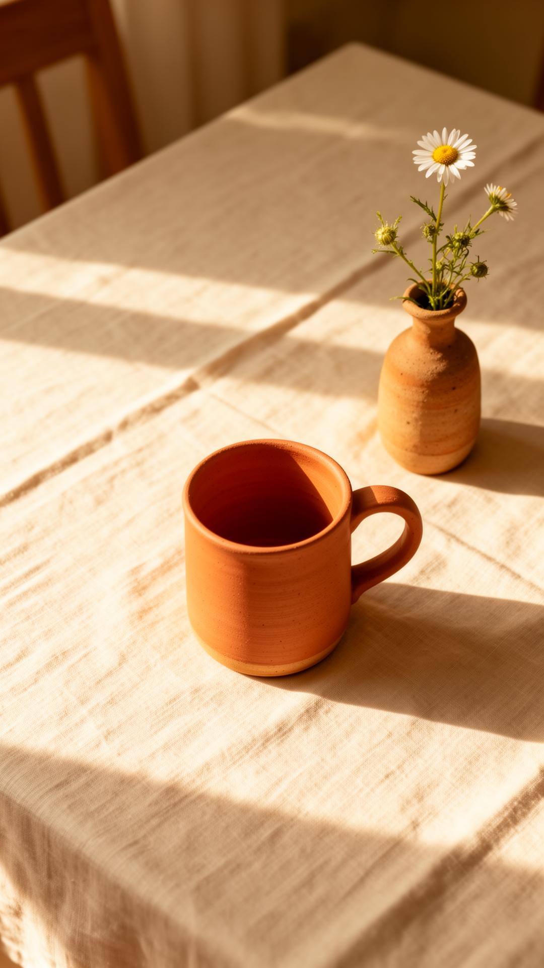 A sun-drenched breakfast table with a terracotta mug and wildflowers